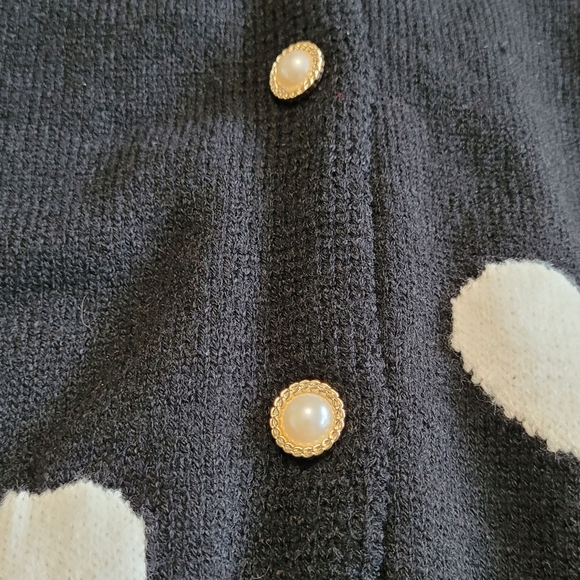 Nanette Lepore Heart Print Cardigan Black White Pearl Button XL Romantic Chic - Picture 4 of 17